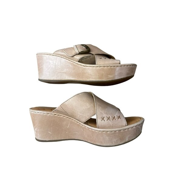 Born Womens Curstyn Wedge Sandals Sz 7 Platform Tan Leather Slides Shoes D89602 - Picture 3 of 8